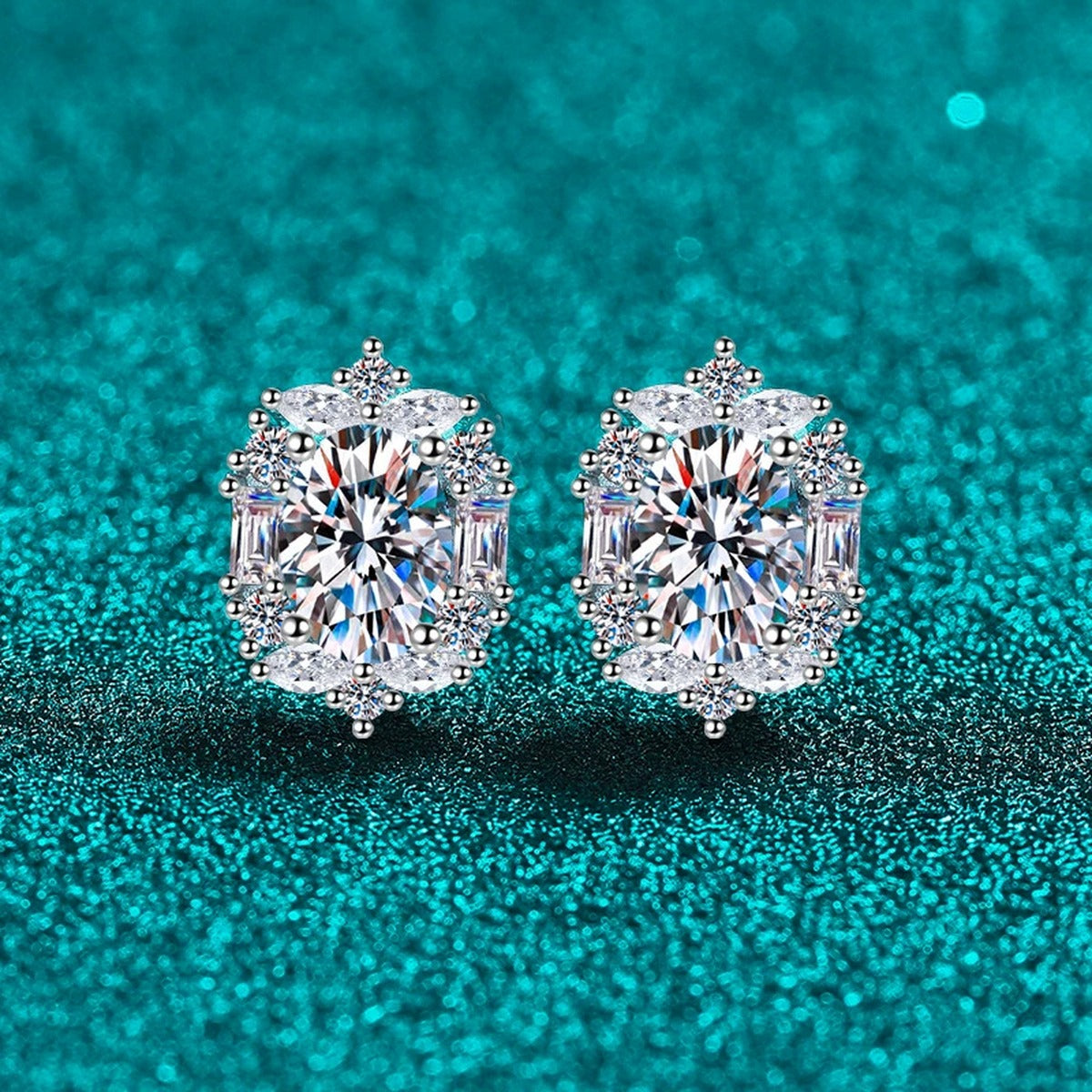 Oval Moissanite Stud Earrings with CZ in Rhodium-Plated S925 sterling silver product scene view showing front sparkle