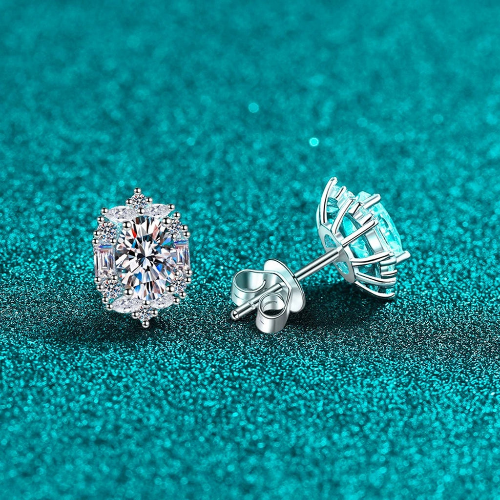 Oval Moissanite Stud Earrings with CZ in Rhodium-Plated S925 sterling silver product scene view showing angled setting detail