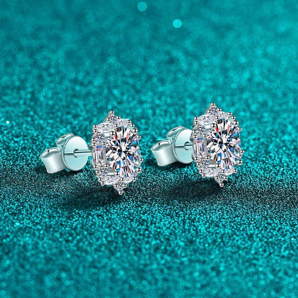 Oval Moissanite Stud Earrings with CZ in Rhodium-Plated S925 sterling silver product scene view showing side profile