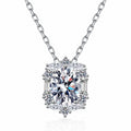 Vintage Oval Halo Moissanite Pendant Necklace with CZ in Rhodium-Plated S925 sterling silver white background product photo showing vintage oval halo pendant with an oval moissanite center and CZ accents