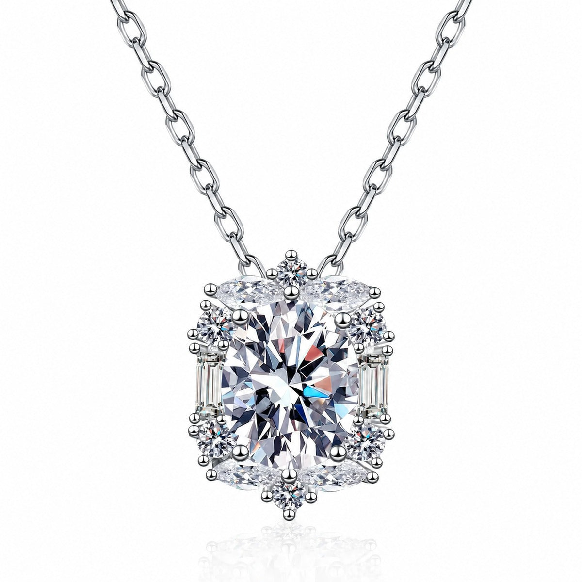 Vintage Oval Halo Moissanite Pendant Necklace with CZ in Rhodium-Plated S925 sterling silver white background product photo showing vintage oval halo pendant with an oval moissanite center and CZ accents
