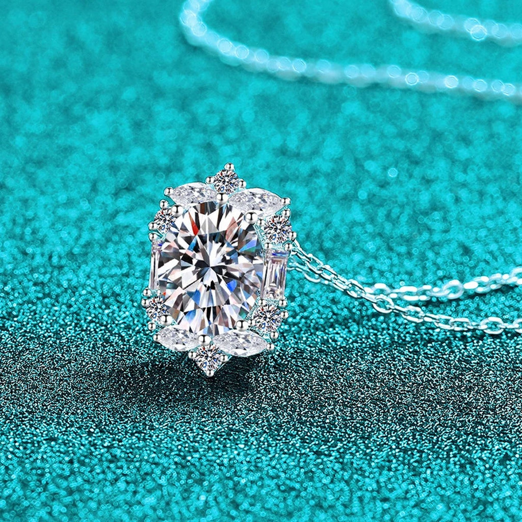 Vintage Oval Halo Moissanite Pendant Necklace with CZ in Rhodium-Plated S925 sterling silver close-up product scene showing pendant setting