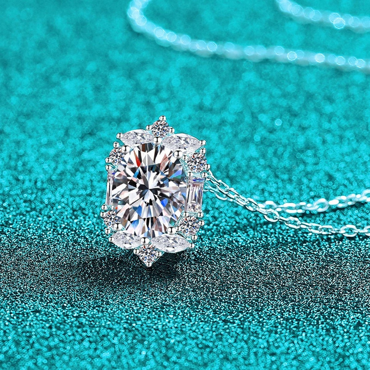 Vintage Oval Halo Moissanite Pendant Necklace with CZ in Rhodium-Plated S925 sterling silver close-up product scene showing pendant setting