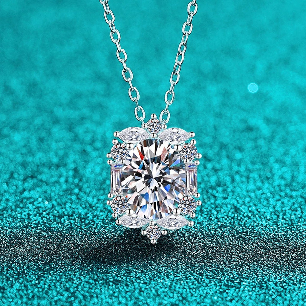 Vintage Oval Halo Moissanite Pendant Necklace with CZ in Rhodium-Plated S925 sterling silver angled product detail view