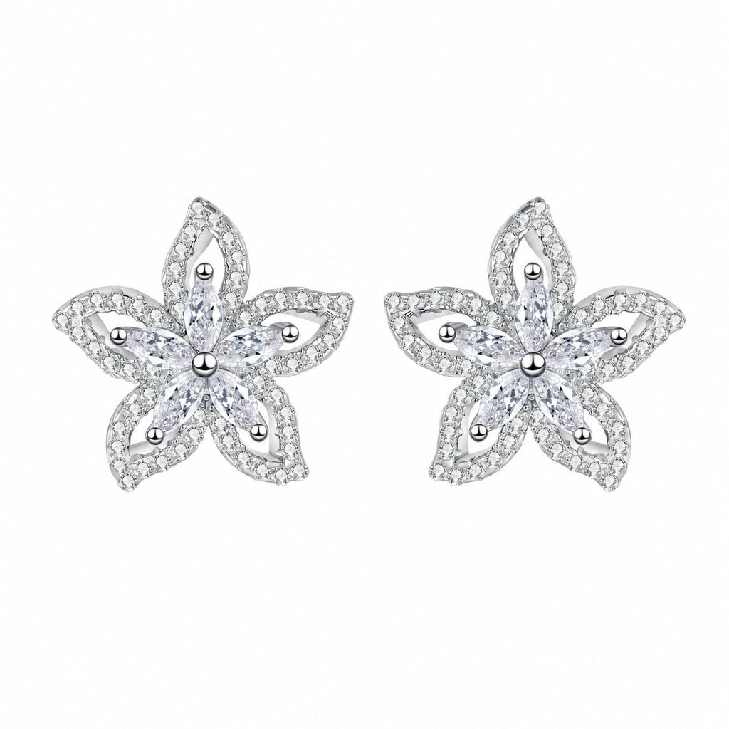Floral Marquise Moissanite Stud Earrings in Rhodium-Plated S925 sterling silver white background product photo showing the pair, stone shape, and stud earrings silhouette