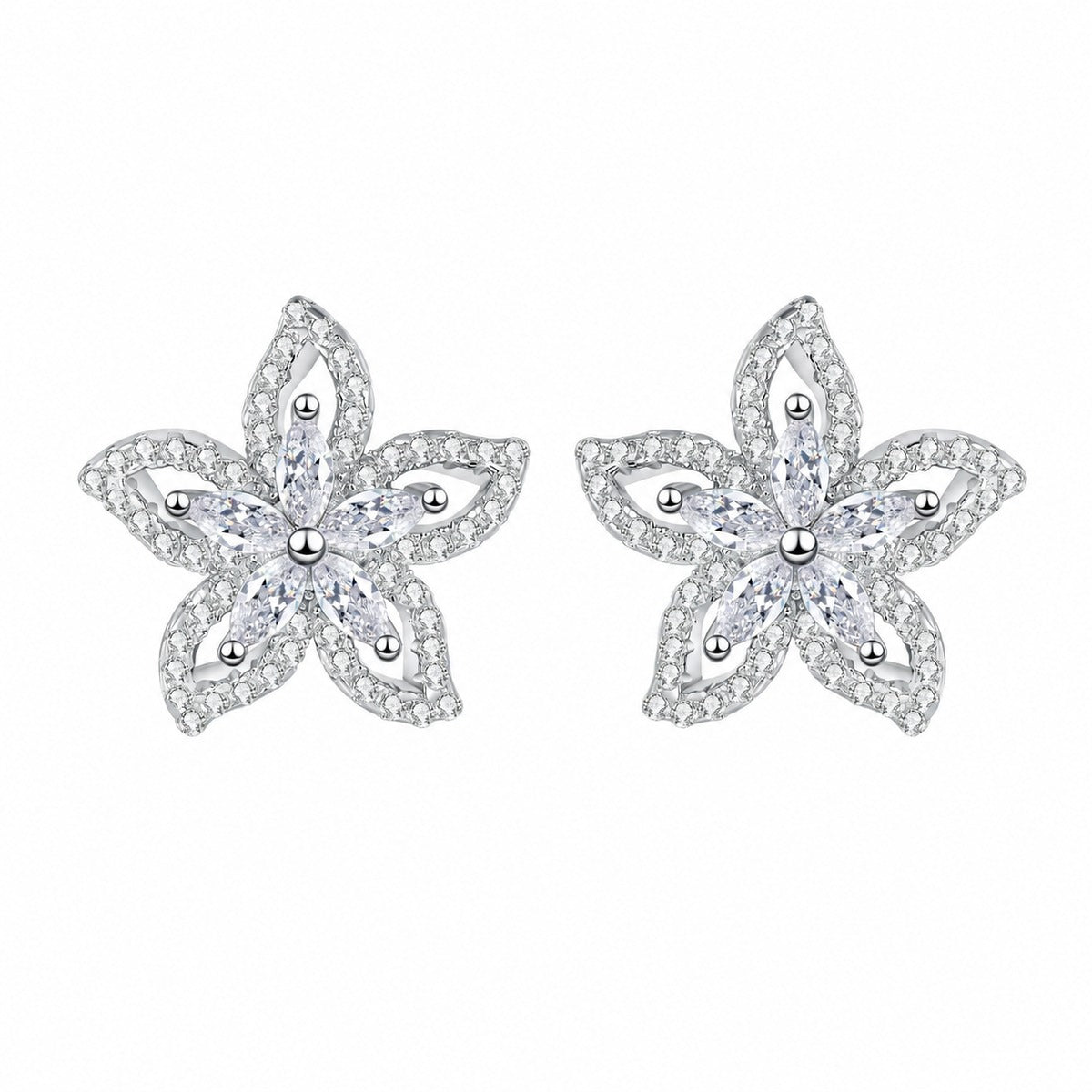 Floral Marquise Moissanite Stud Earrings in Rhodium-Plated S925 sterling silver white background product photo showing the pair, stone shape, and stud earrings silhouette