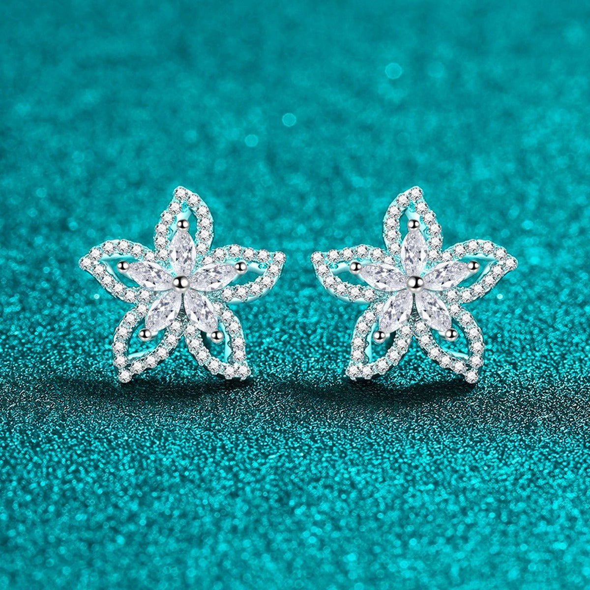 Floral Marquise Moissanite Stud Earrings in Rhodium-Plated S925 sterling silver product scene view showing front sparkle