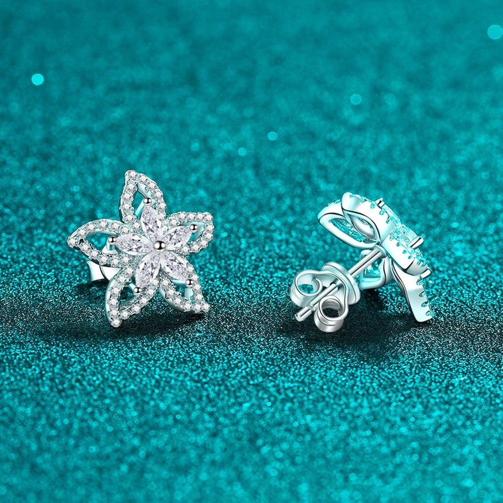 Floral Marquise Moissanite Stud Earrings in Rhodium-Plated S925 sterling silver product scene view showing angled setting detail