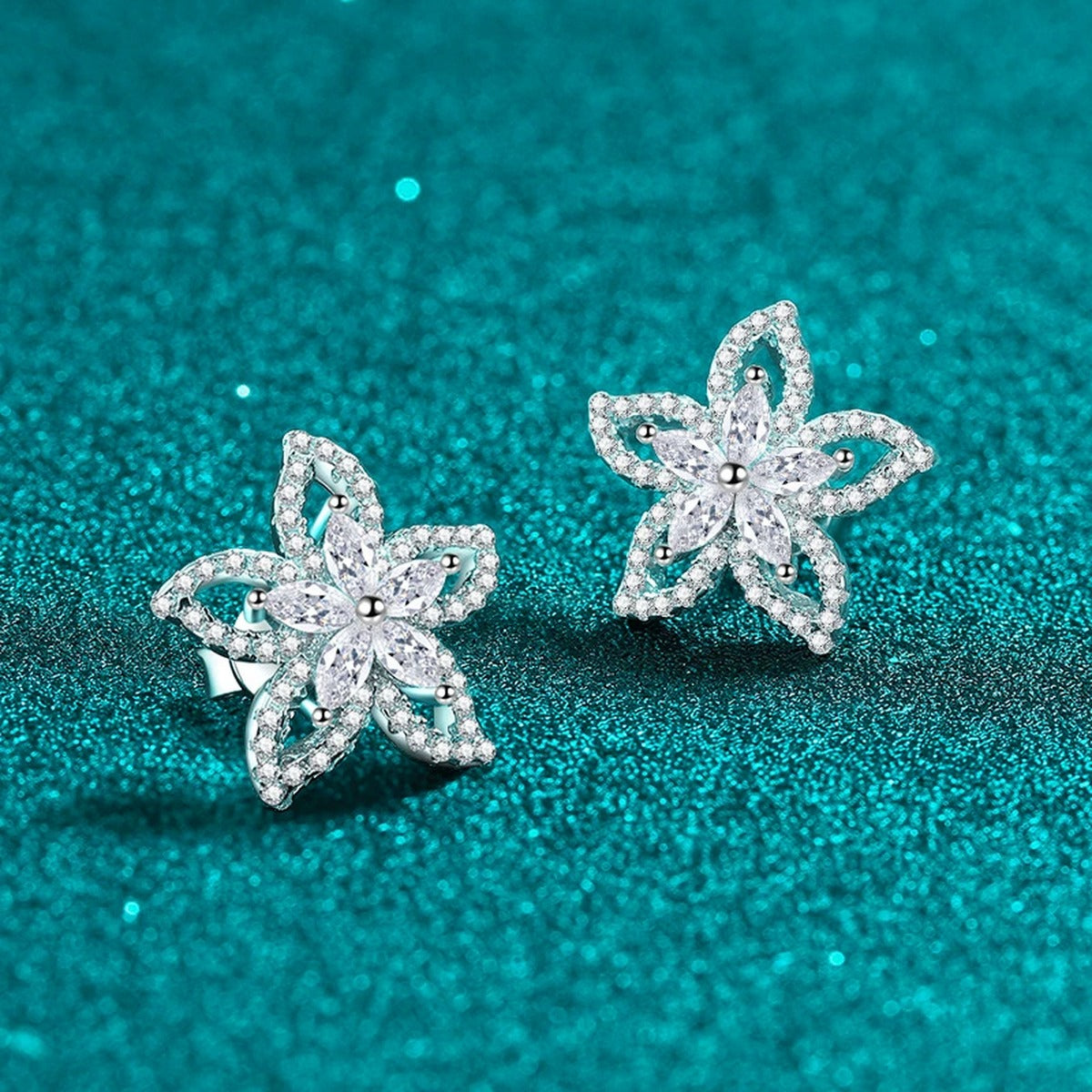 Floral Marquise Moissanite Stud Earrings in Rhodium-Plated S925 sterling silver product scene view showing side profile