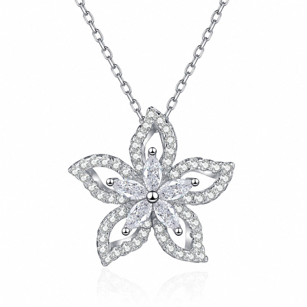 Floral Mixed-Cut Moissanite Pendant Necklace in Rhodium-Plated S925 sterling silver white background product photo showing open floral pendant with round and marquise moissanite stones