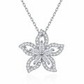Floral Mixed-Cut Moissanite Pendant Necklace in Rhodium-Plated S925 sterling silver white background product photo showing open floral pendant with round and marquise moissanite stones