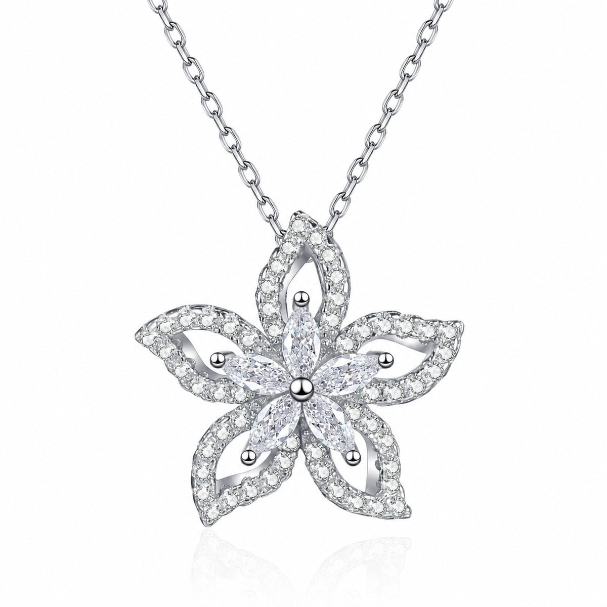 Floral Mixed-Cut Moissanite Pendant Necklace in Rhodium-Plated S925 sterling silver white background product photo showing open floral pendant with round and marquise moissanite stones