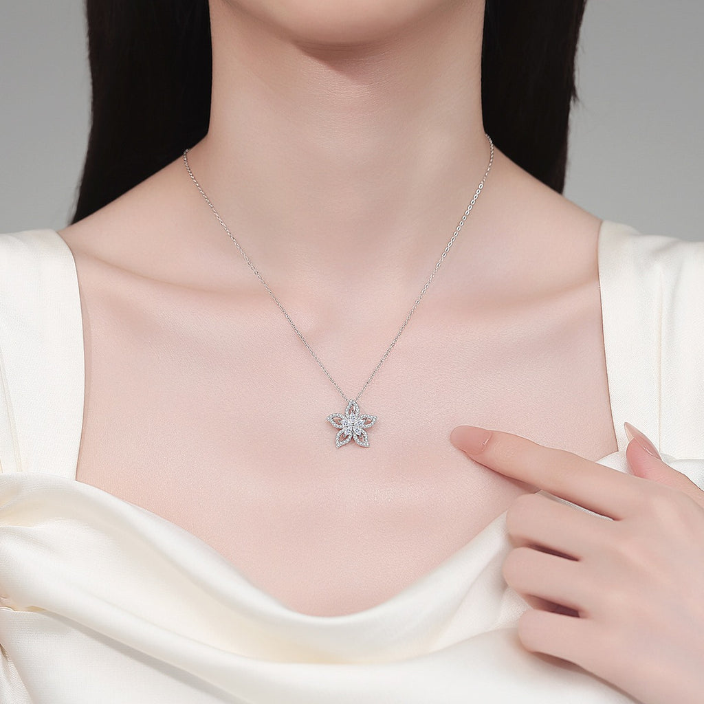 Floral Mixed-Cut Moissanite Pendant Necklace in Rhodium-Plated S925 sterling silver neckline model view showing pendant scale and adjustable chain