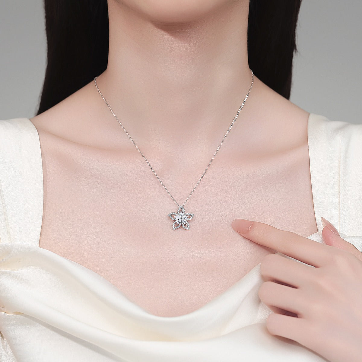 Floral Mixed-Cut Moissanite Pendant Necklace in Rhodium-Plated S925 sterling silver neckline model view showing pendant scale and adjustable chain