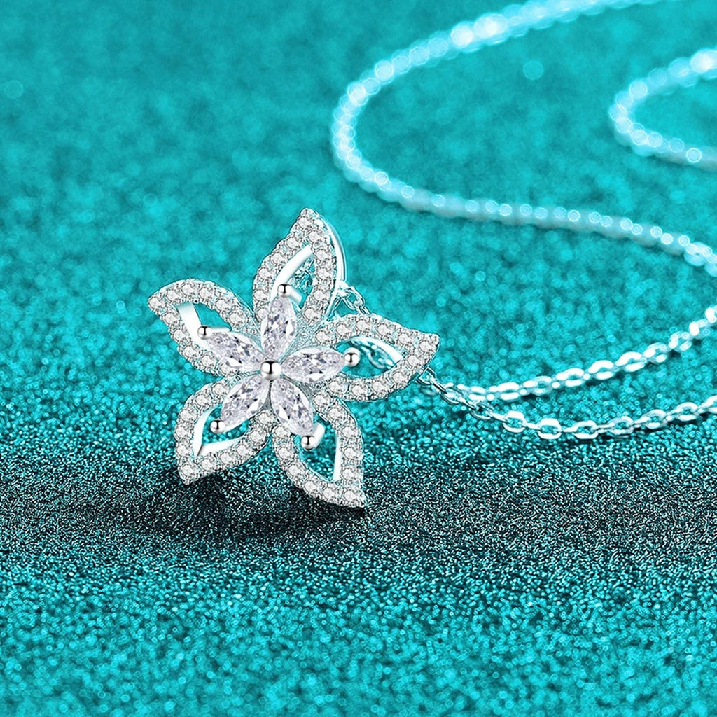 Floral Mixed-Cut Moissanite Pendant Necklace in Rhodium-Plated S925 sterling silver close-up product scene showing pendant setting
