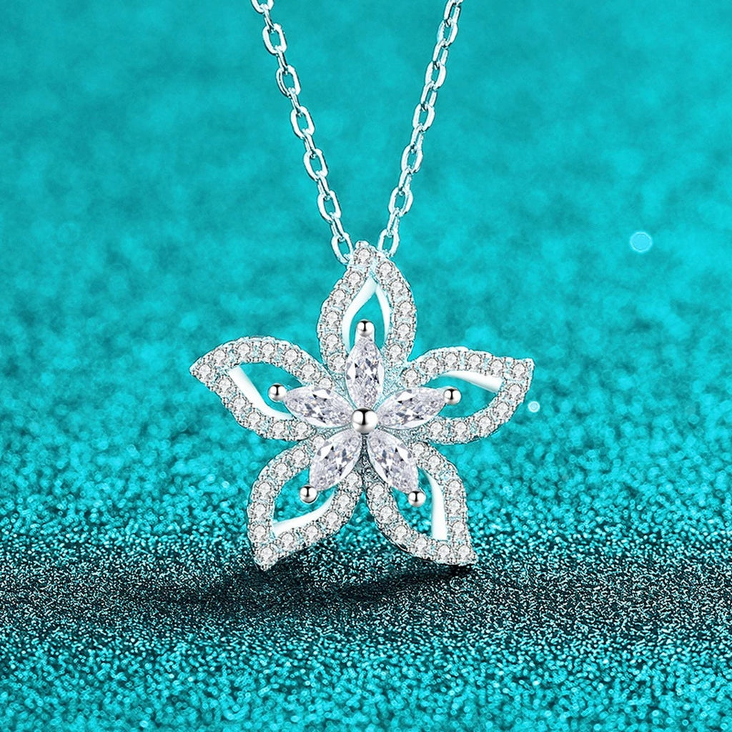 Floral Mixed-Cut Moissanite Pendant Necklace in Rhodium-Plated S925 sterling silver blue display scene showing chain and stone layout