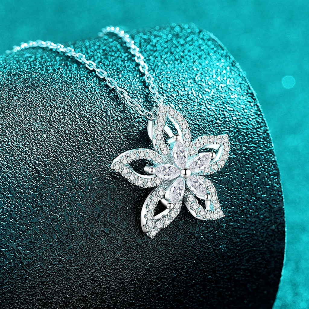 Floral Mixed-Cut Moissanite Pendant Necklace in Rhodium-Plated S925 sterling silver angled product detail view