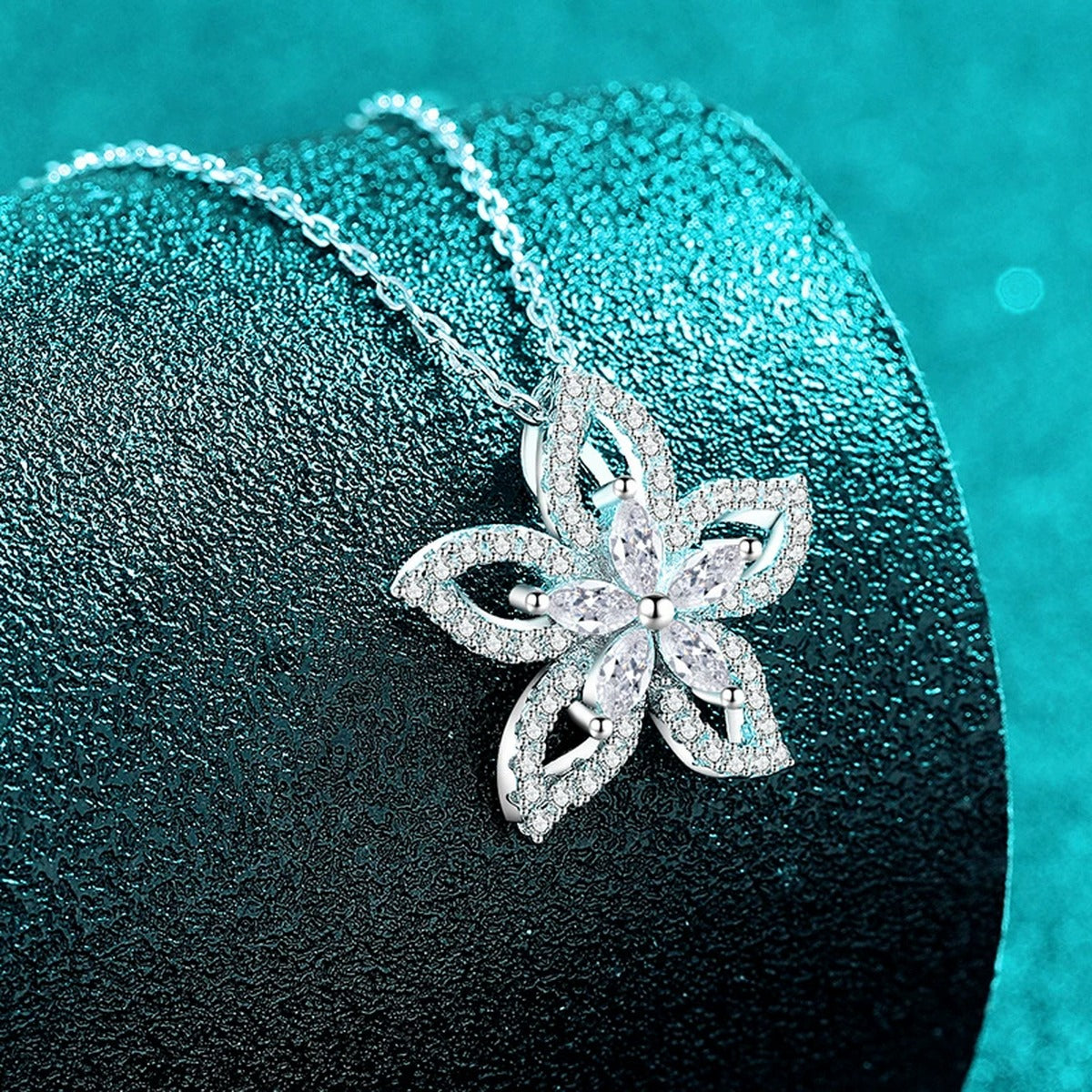 Floral Mixed-Cut Moissanite Pendant Necklace in Rhodium-Plated S925 sterling silver angled product detail view