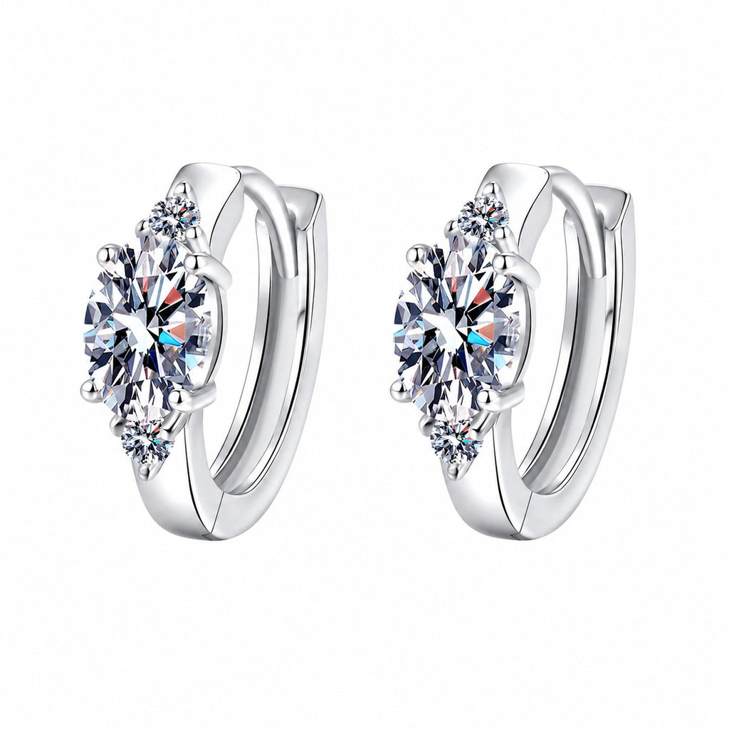 Oval Moissanite Hoop Earrings with CZ in Rhodium-Plated S925 sterling silver white background product photo showing the pair, stone shape, and hoop earrings silhouette