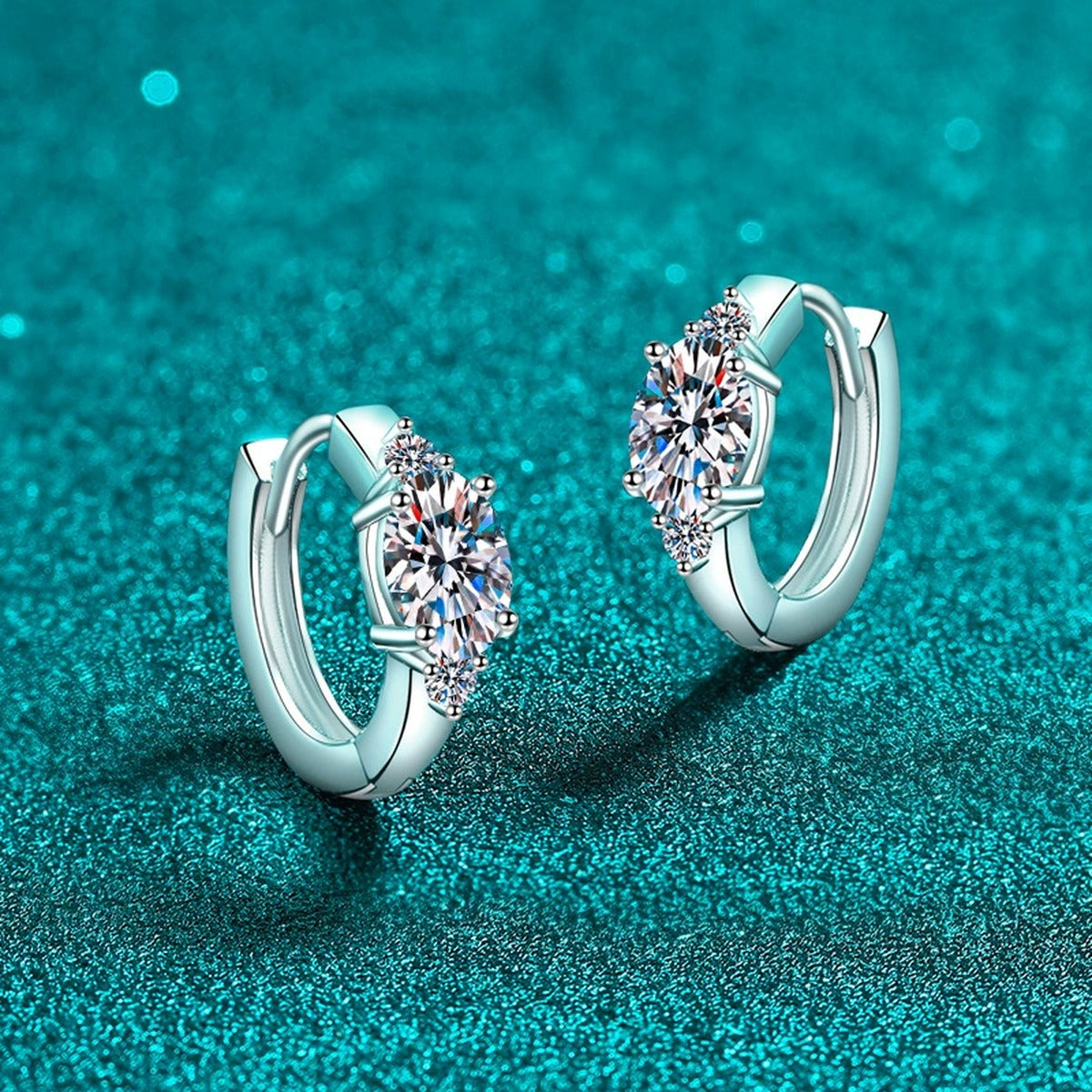 Oval Moissanite Hoop Earrings with CZ in Rhodium-Plated S925 sterling silver product scene view showing side profile