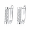 Rectangle Pave Moissanite Hoop Earrings in Rhodium-Plated S925 sterling silver white background product photo showing the pair, stone shape, and hoop earrings silhouette