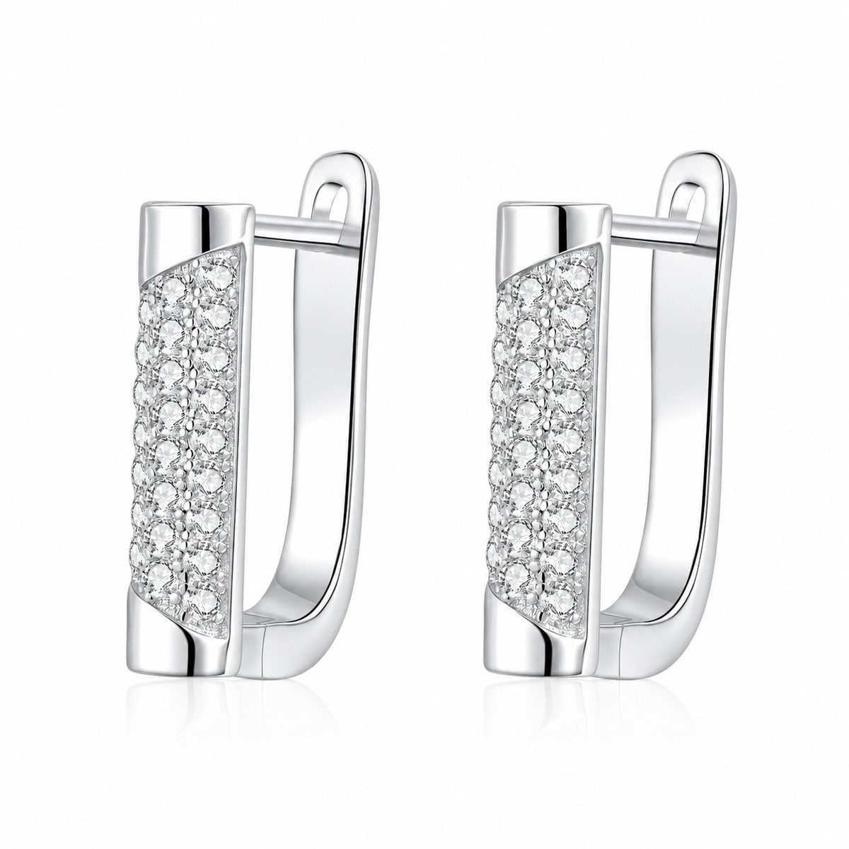 Rectangle Pave Moissanite Hoop Earrings in Rhodium-Plated S925 sterling silver white background product photo showing the pair, stone shape, and hoop earrings silhouette