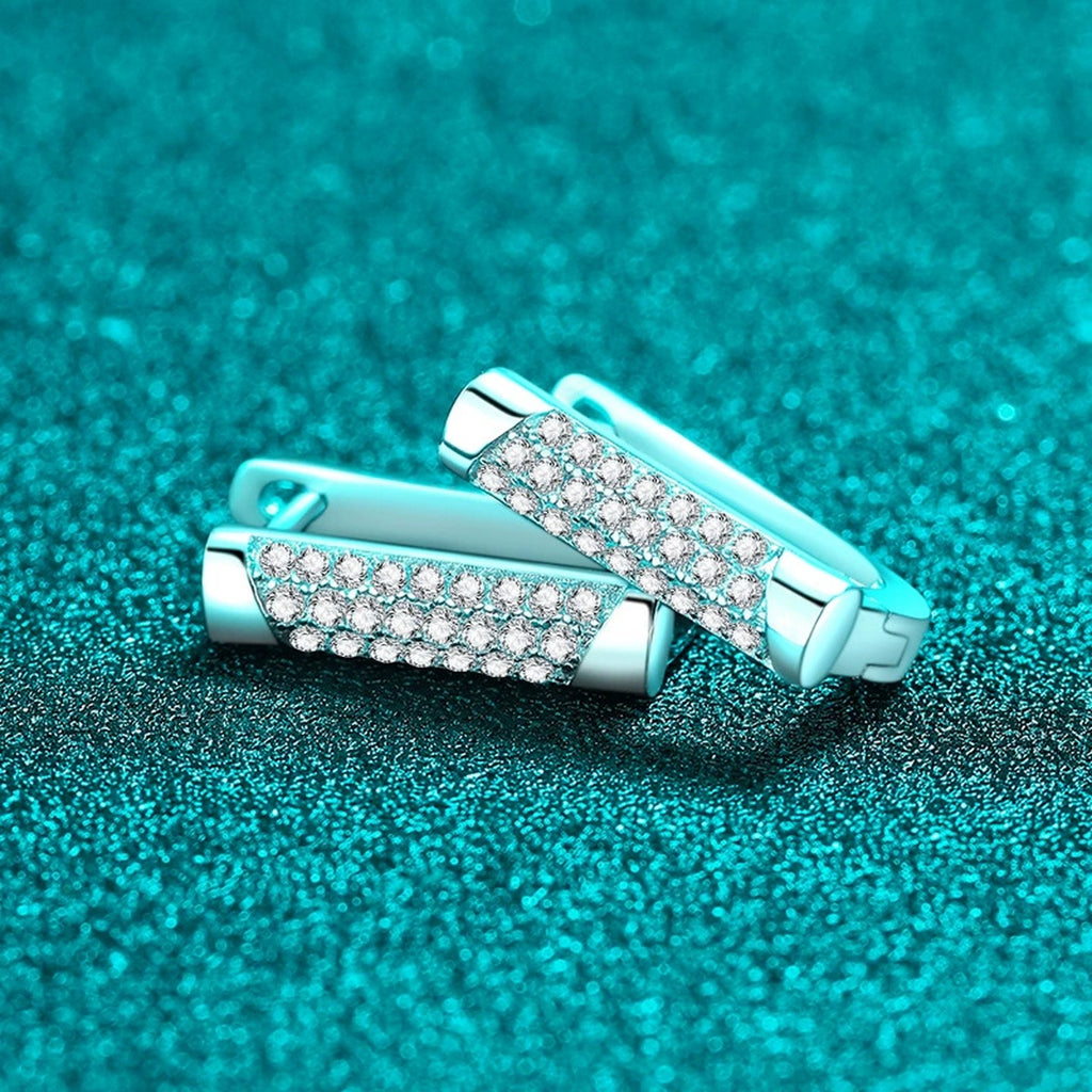 Rectangle Pave Moissanite Hoop Earrings in Rhodium-Plated S925 sterling silver product scene view showing front sparkle