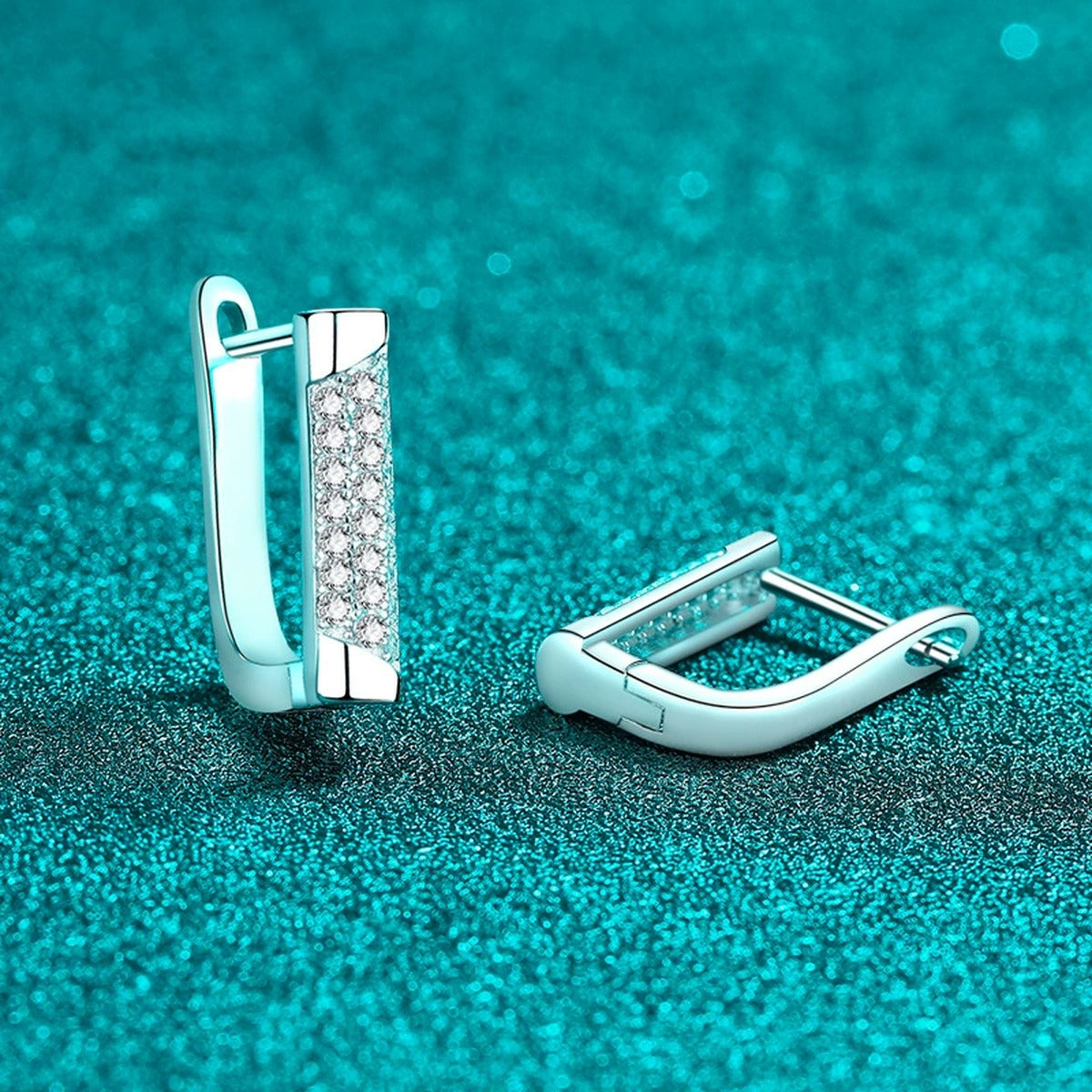 Rectangle Pave Moissanite Hoop Earrings in Rhodium-Plated S925 sterling silver product scene view showing angled setting detail