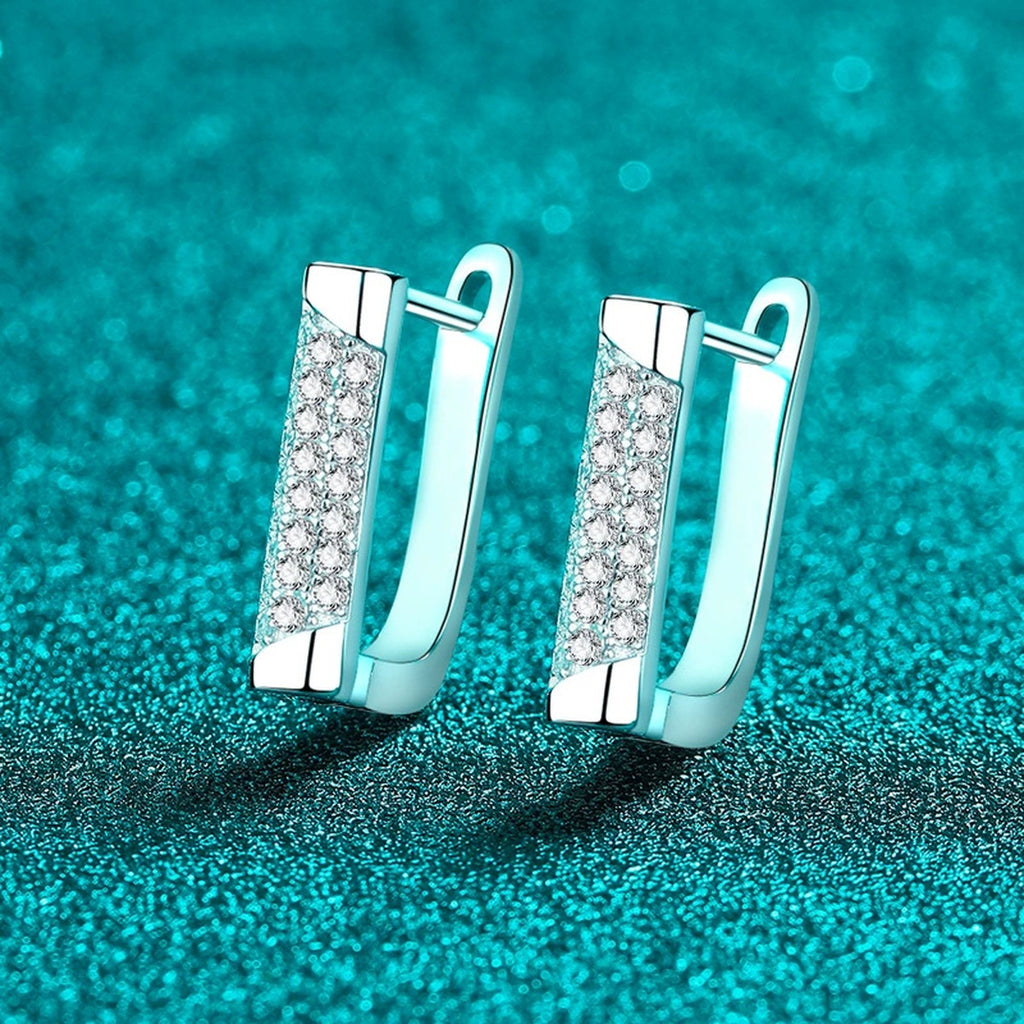 Rectangle Pave Moissanite Hoop Earrings in Rhodium-Plated S925 sterling silver product scene view showing side profile