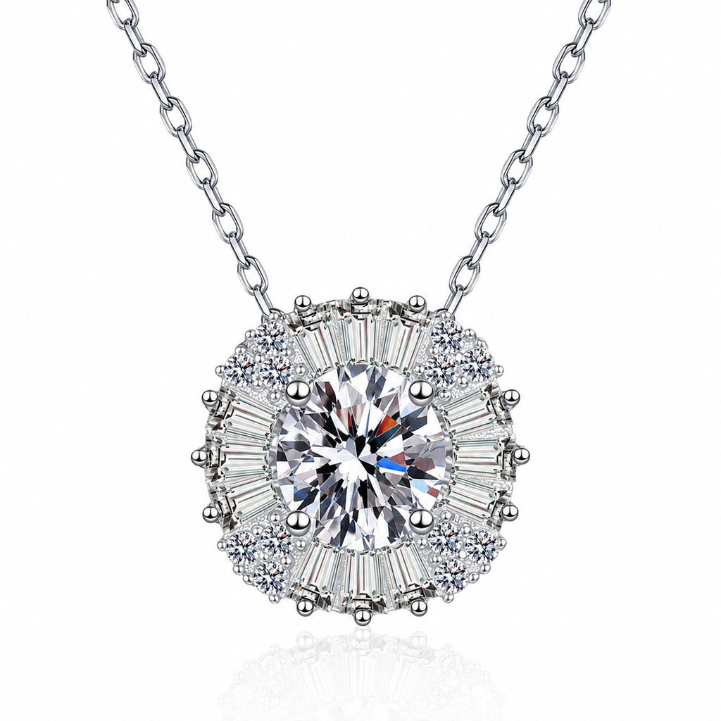 Round Halo Moissanite Pendant Necklace with CZ in Rhodium-Plated S925 sterling silver white background product photo showing round halo pendant with a 6.5mm moissanite center and CZ frame