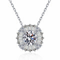 Round Halo Moissanite Pendant Necklace with CZ in Rhodium-Plated S925 sterling silver white background product photo showing round halo pendant with a 6.5mm moissanite center and CZ frame