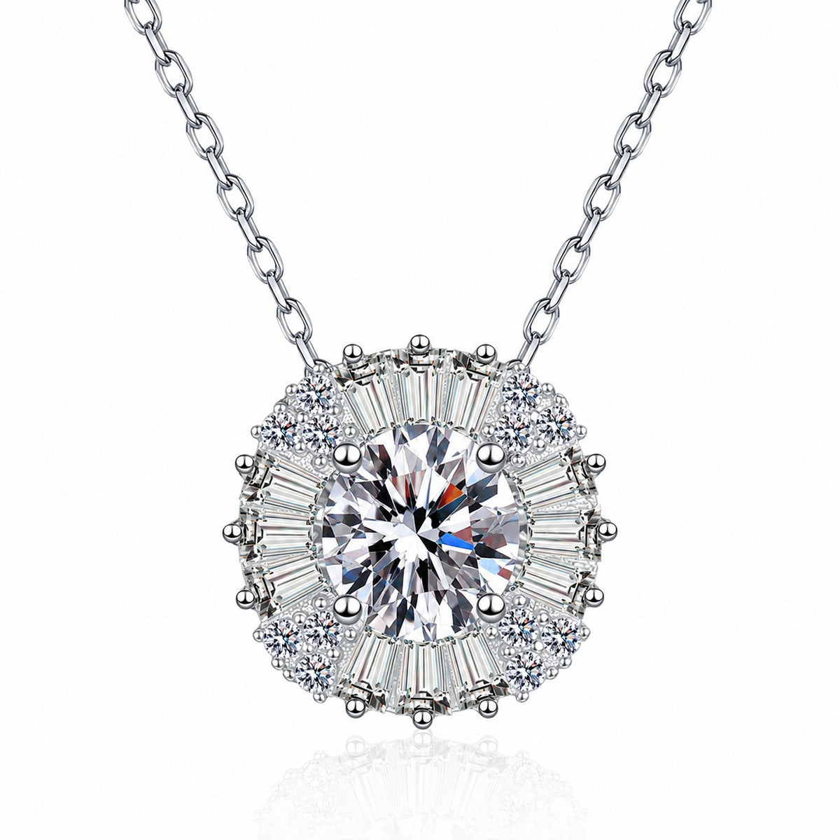 Round Halo Moissanite Pendant Necklace with CZ in Rhodium-Plated S925 sterling silver white background product photo showing round halo pendant with a 6.5mm moissanite center and CZ frame