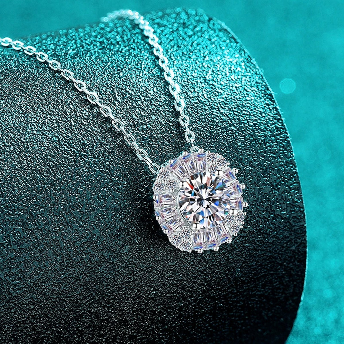 Round Halo Moissanite Pendant Necklace with CZ in Rhodium-Plated S925 sterling silver close-up product scene showing pendant setting