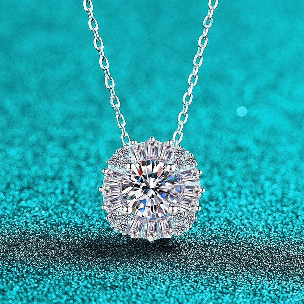 Round Halo Moissanite Pendant Necklace with CZ in Rhodium-Plated S925 sterling silver blue display scene showing chain and stone layout