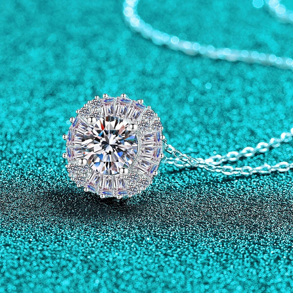 Round Halo Moissanite Pendant Necklace with CZ in Rhodium-Plated S925 sterling silver angled product detail view