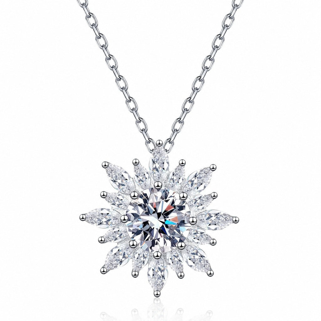 Sunburst Round Moissanite Pendant Necklace with CZ in Rhodium-Plated S925 sterling silver white background product photo showing sunburst pendant with a round moissanite center and CZ rays
