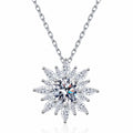 Sunburst Round Moissanite Pendant Necklace with CZ in Rhodium-Plated S925 sterling silver white background product photo showing sunburst pendant with a round moissanite center and CZ rays