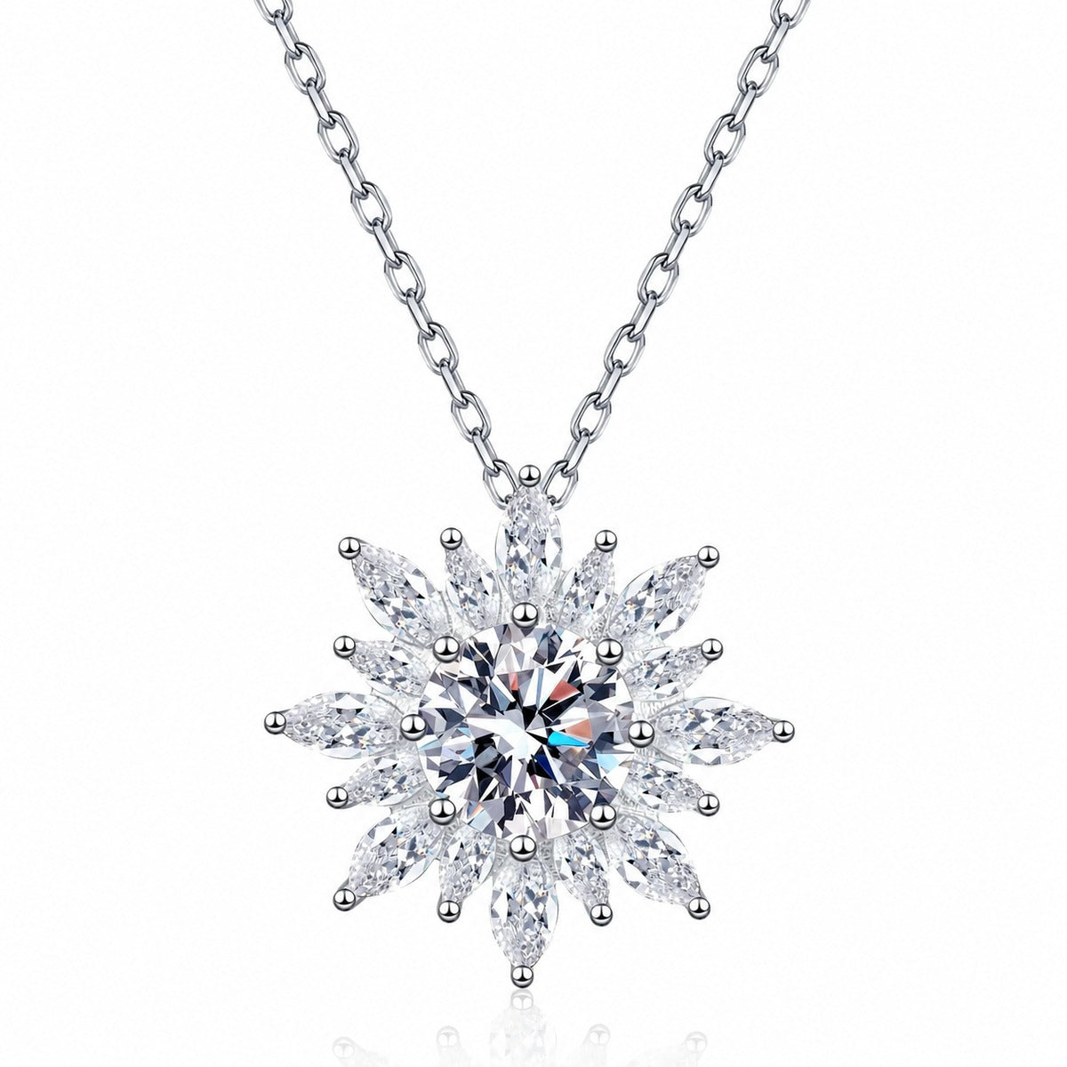 Sunburst Round Moissanite Pendant Necklace with CZ in Rhodium-Plated S925 sterling silver white background product photo showing sunburst pendant with a round moissanite center and CZ rays