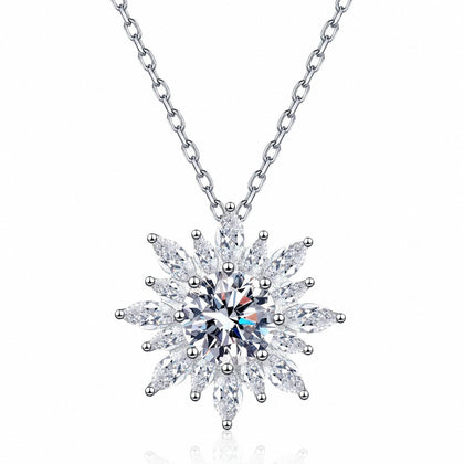 Sunburst Round Moissanite Pendant Necklace with CZ in Rhodium-Plated S925 sterling silver white background product photo showing sunburst pendant with a round moissanite center and CZ rays