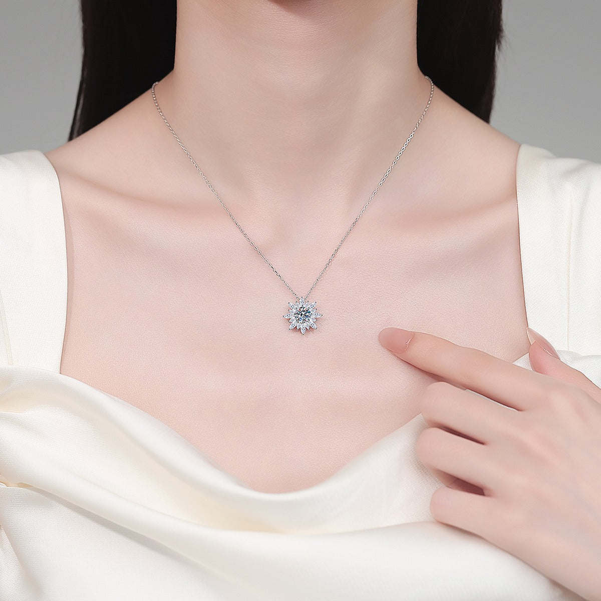 Sunburst Round Moissanite Pendant Necklace with CZ in Rhodium-Plated S925 sterling silver neckline model view showing pendant scale and adjustable chain