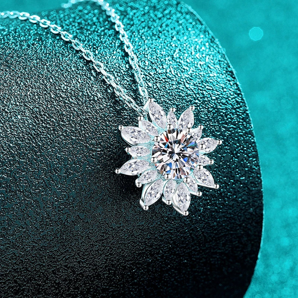Sunburst Round Moissanite Pendant Necklace with CZ in Rhodium-Plated S925 sterling silver close-up product scene showing pendant setting