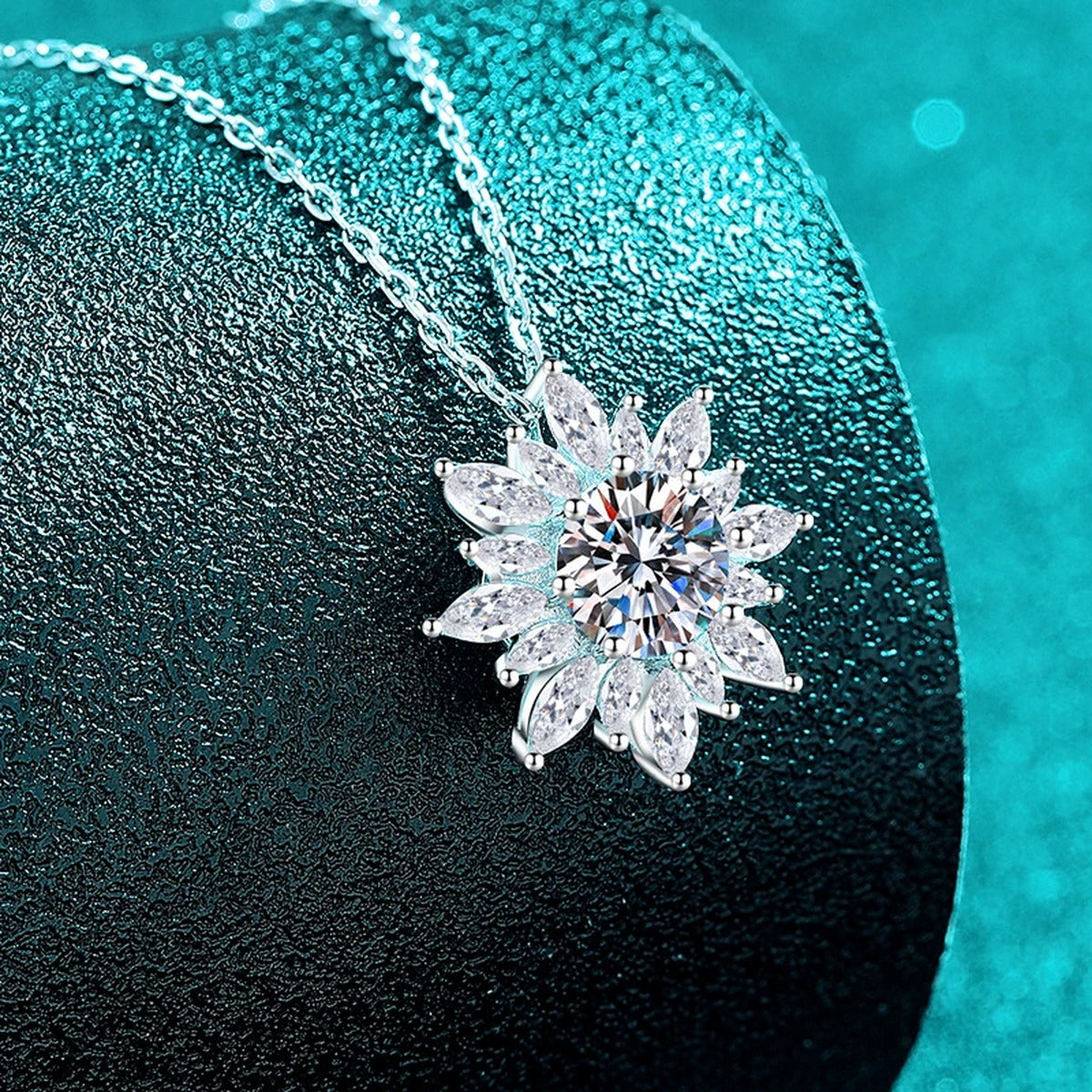 Sunburst Round Moissanite Pendant Necklace with CZ in Rhodium-Plated S925 sterling silver close-up product scene showing pendant setting