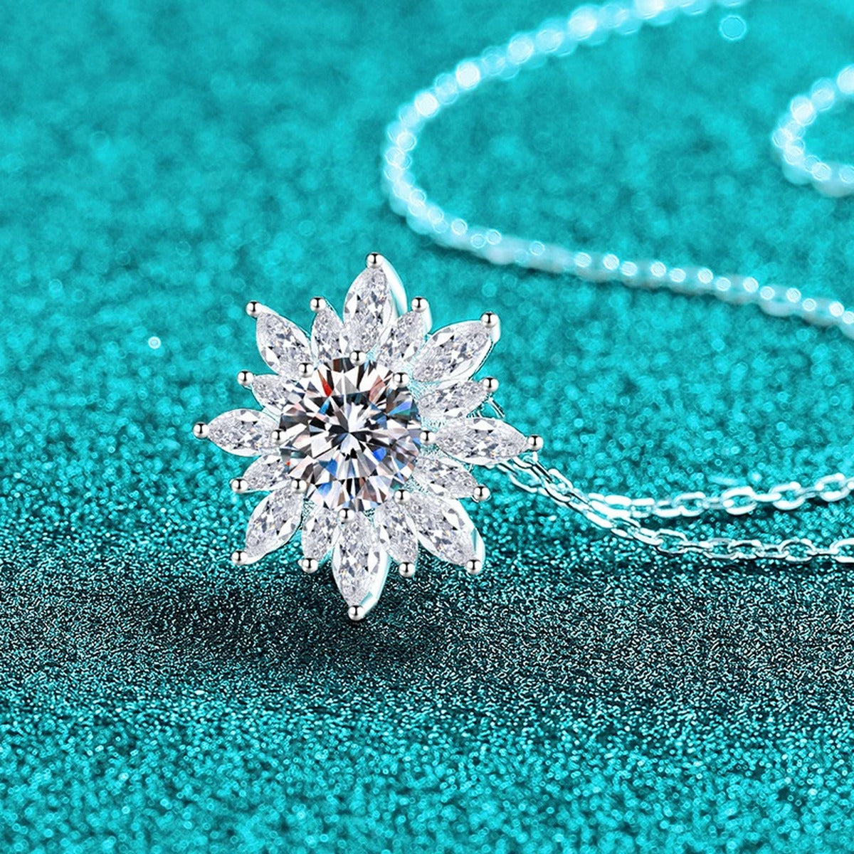 Sunburst Round Moissanite Pendant Necklace with CZ in Rhodium-Plated S925 sterling silver angled product detail view