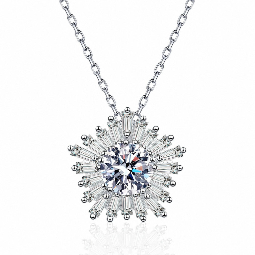 Floral Halo Moissanite Pendant Necklace with CZ in Rhodium-Plated S925 sterling silver white background product photo showing floral halo pendant with a round moissanite center and CZ petals