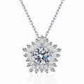 Floral Halo Moissanite Pendant Necklace with CZ in Rhodium-Plated S925 sterling silver white background product photo showing floral halo pendant with a round moissanite center and CZ petals