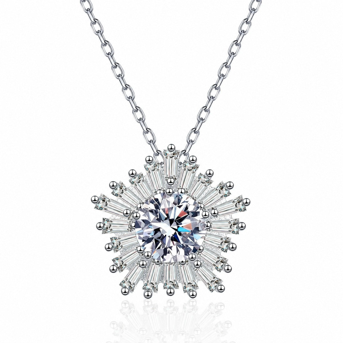 Floral Halo Moissanite Pendant Necklace with CZ in Rhodium-Plated S925 sterling silver white background product photo showing floral halo pendant with a round moissanite center and CZ petals
