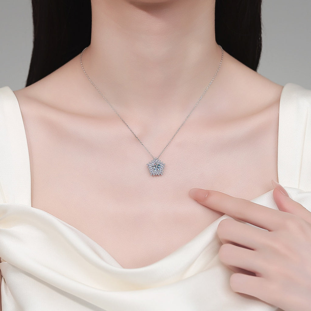 Floral Halo Moissanite Pendant Necklace with CZ in Rhodium-Plated S925 sterling silver neckline model view showing pendant scale and adjustable chain