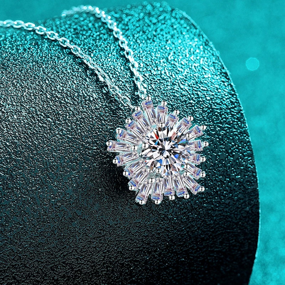 Floral Halo Moissanite Pendant Necklace with CZ in Rhodium-Plated S925 sterling silver close-up product scene showing pendant setting