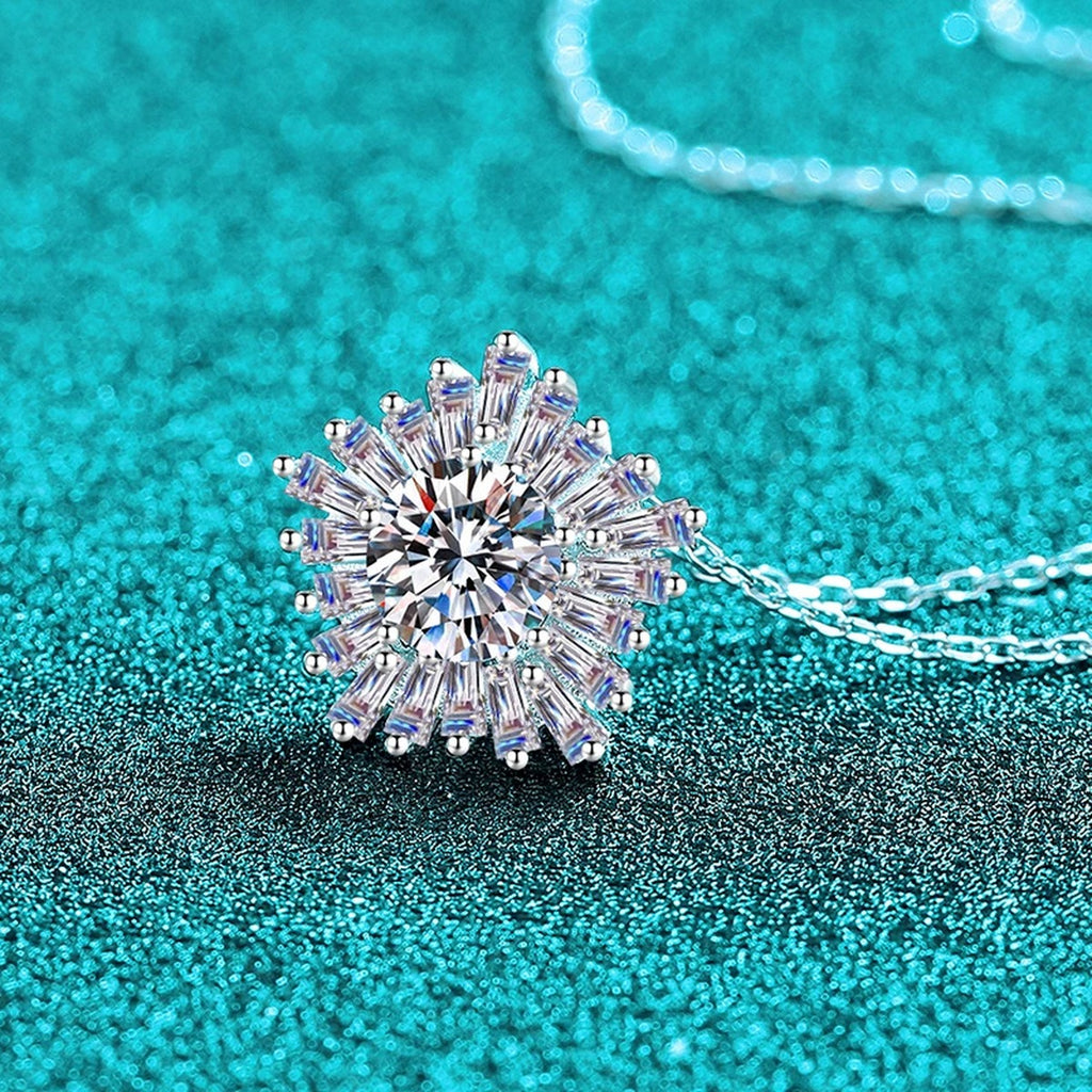 Floral Halo Moissanite Pendant Necklace with CZ in Rhodium-Plated S925 sterling silver blue display scene showing chain and stone layout