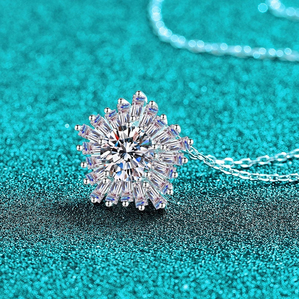 Floral Halo Moissanite Pendant Necklace with CZ in Rhodium-Plated S925 sterling silver blue display scene showing chain and stone layout
